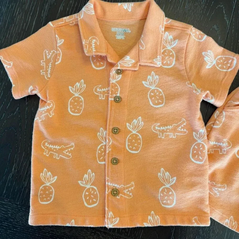 Toddler 24M Orange Terry Cloth Summer/Vacation Outfit Pineapples & Alligators‎